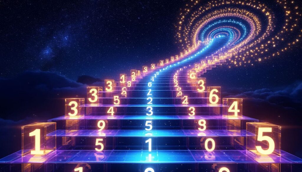 на картинке лестница из ярких светящихся цифр (1, 2, 3, 4, 5...), которая плавно уходит в звездное, но светлое и дружелюбное ночное небо. Ступеньки-цифры выглядят как объемные стеклянные или неоновые блоки. Вдалеке лестница превращается в сияющую спираль или символ бесконечности, состоящий из мириад крошечных светящихся точек-чисел.